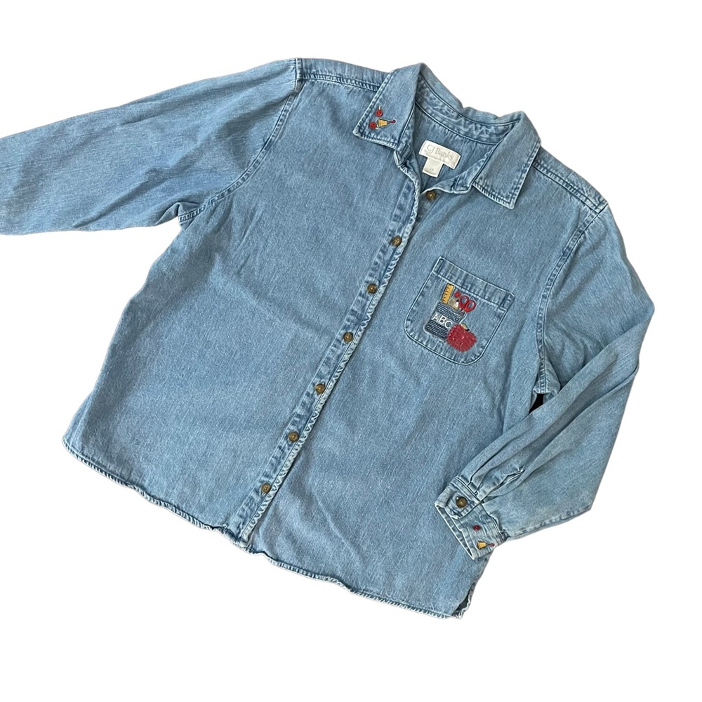 Denim Button Up with Embroidery School Teacher Themed